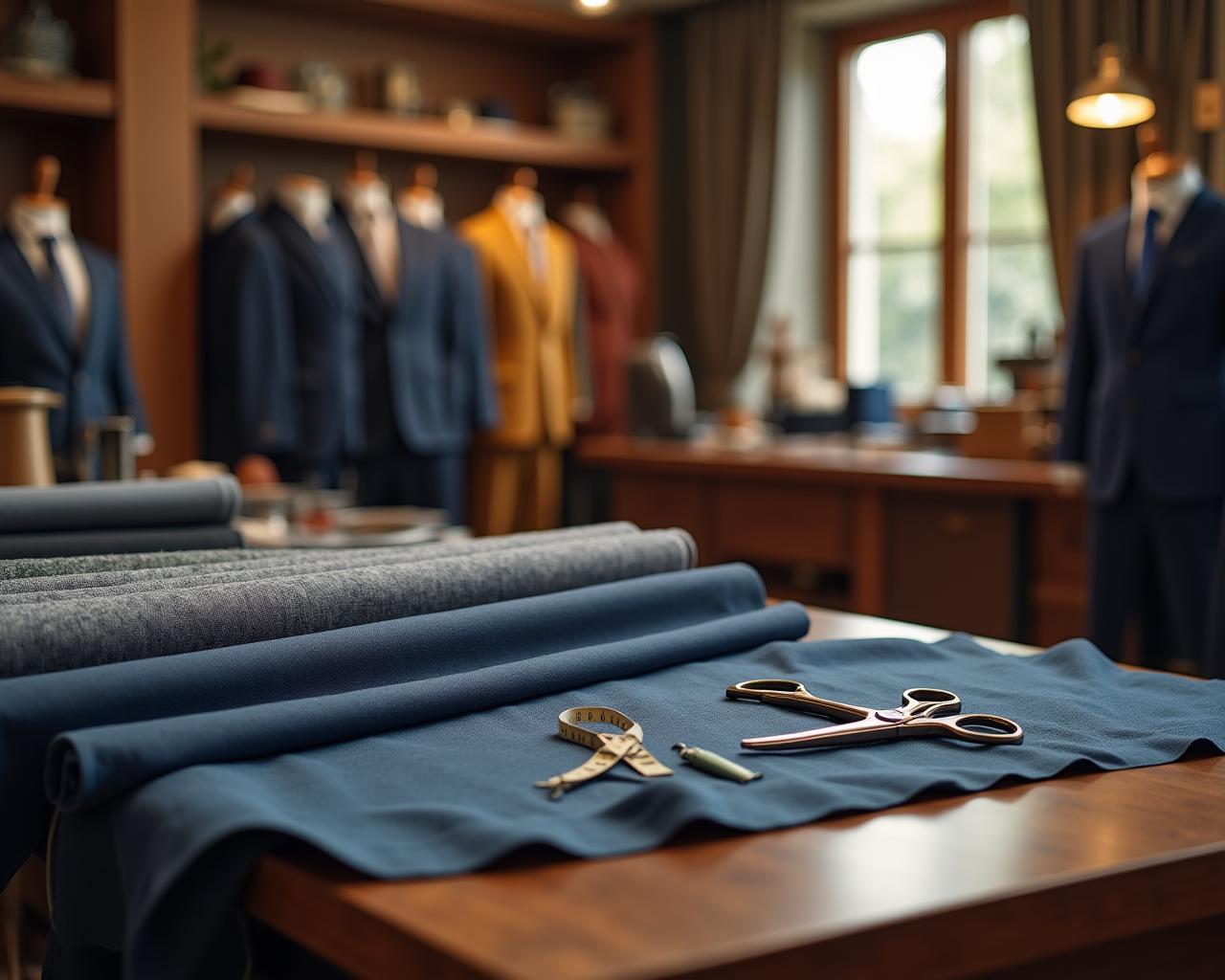Atelier di sartoria su misura Roma — tessuti e tavolo da lavoro sartoriale